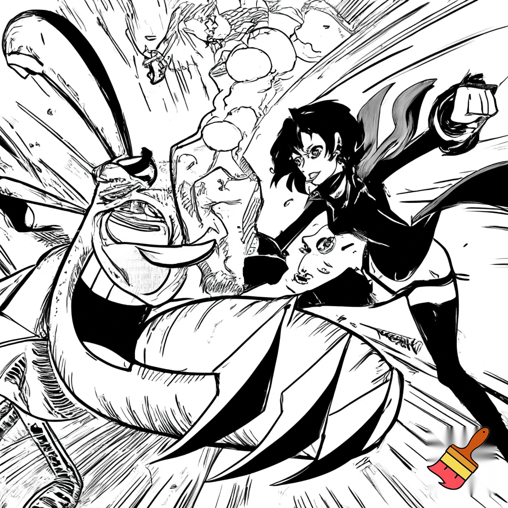 Characters and Action: Manga style, high-octane action panel of Mr. Krabs vs. Ruby Rose. Mr. Krabs with an angry, manga-style face and intense motion lines around his massive claws. Ruby Rose in a dynamic action pose, her Crescent Rose scythe clashing with his claws, speed lines around her.
Setting: Explosions and smoke in the background, stylized battle arena.
Art Style: Manga, black and white ink drawing, detailed linework, dynamic.
Quality: High contrast, expressive, panel art.