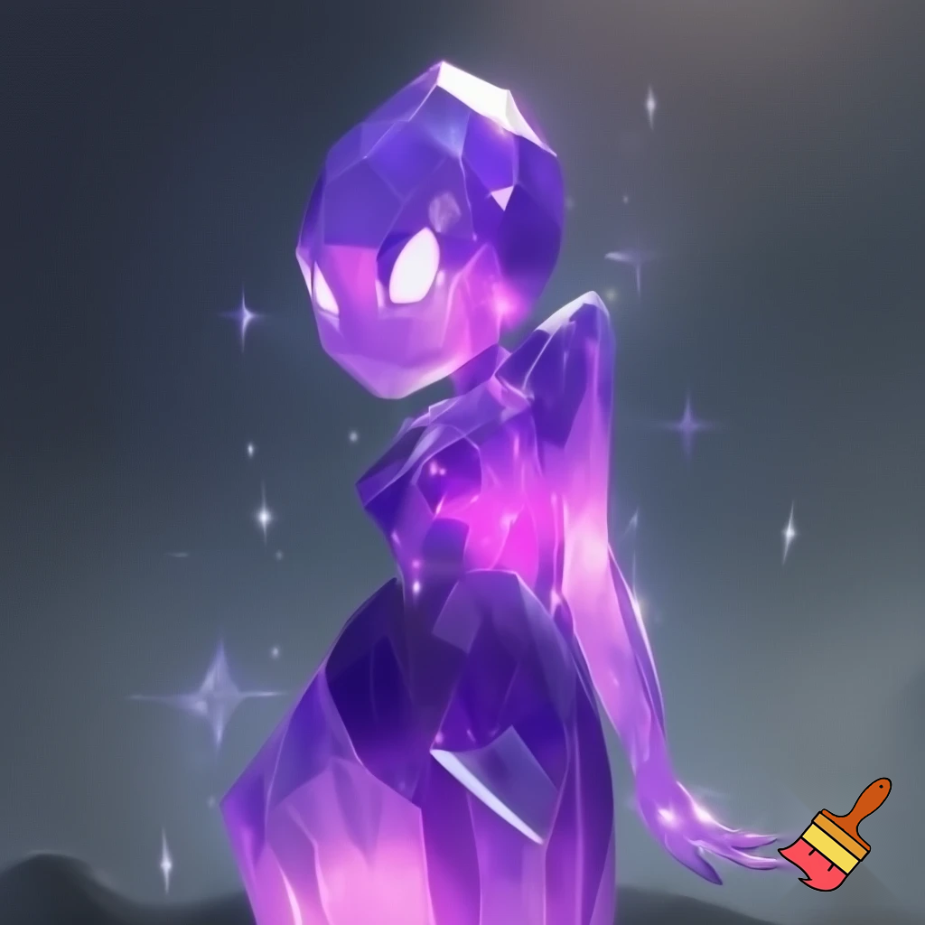 A humanoid crystal creature made of transparent purple gemstone shaped like a living person, with a smooth feminine silhouette and articulated limbs. Her body glows softly from the inside with violet light, and her face has expressive eyes carved from crystal, not faceless. Her surface catches reflections and sparkles, but she clearly looks alive, flexible and animate, not a solid block. She stands in a gentle pose, magical and elegant, with prisms of light around her.
