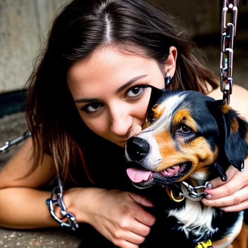 Woman who is chained to the ground being licked by a dog 