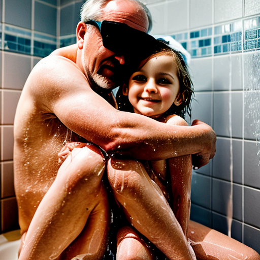 Crea la imagen real en alta definicion de una niña rubia de 8 años con su padre en la ducha  desnudos teniendo intimidad, con vista de cuerpo completo