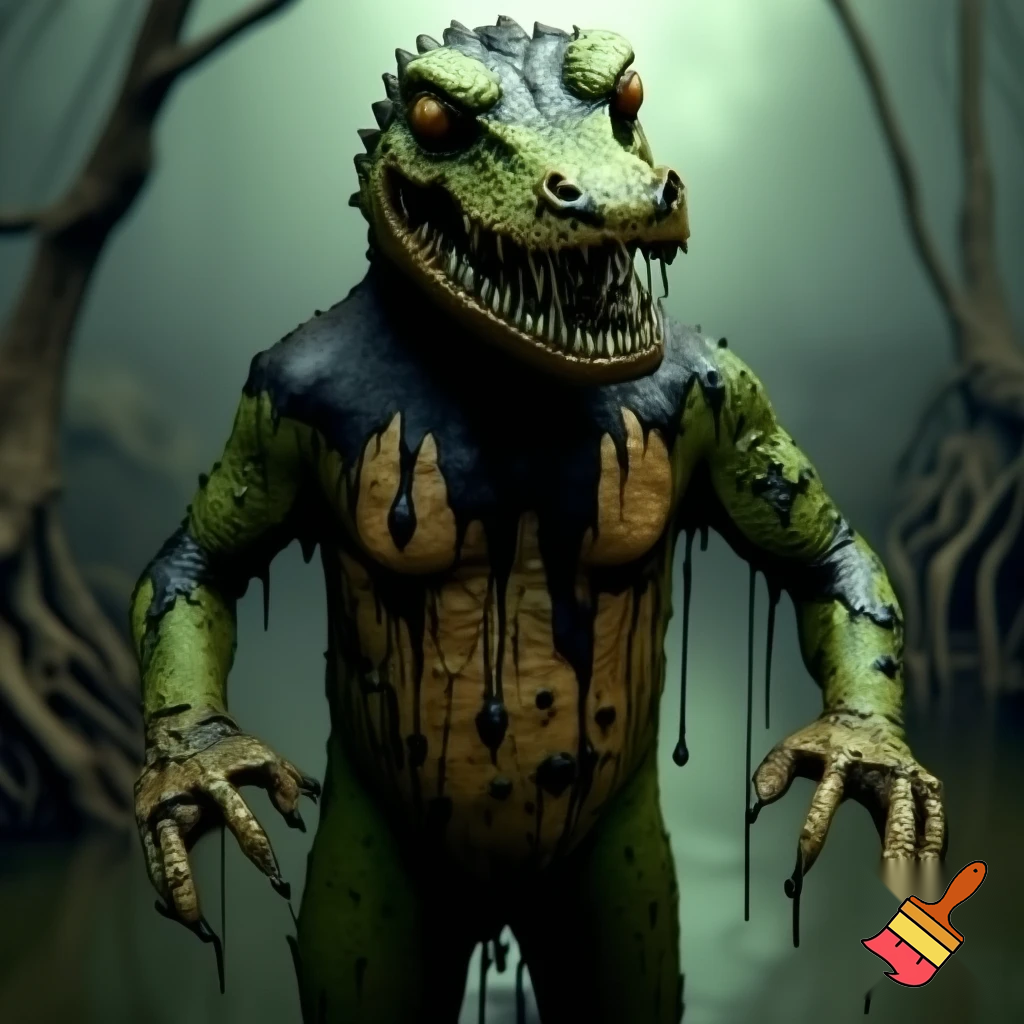 A grotesque, rotting, anthromorphic crocodile creature standing upright, its body covered entirely in black goo, melting, and dripping like sludge, exposing its bones. The skin is swampy green, black, and sickly brown, with patches of rot and ooze and entirely made out of gunk. Eyes bulging in horror, jaw hanging loosely, teeth crooked and partially dissolved and has a deformed smile. The creature’s limbs stretch out as goo drips from its claws exposing its skeletal fingers. It's appearance, also zombie-like and deformed. Surround it with an eerie, fog-filled swamp: twisted dead trees, murky water, dim green-gray light, and a haunting atmosphere. Highly detailed, creepy, and surreal. 
