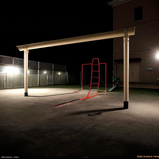 An early 2000s digital photo of an empty dark playground thats strangely clean, the only light is the one coming from the camera flash, the place gives an uncanny feeling, and the picture is slightly tilted and noisy 
