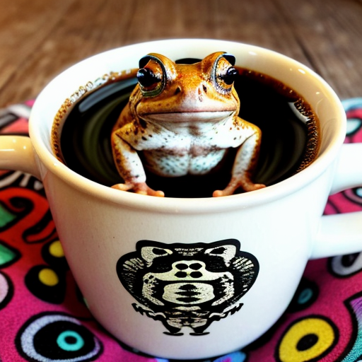 A hillarious, funny boho toad with some hippie colored coffee cups. Psychedelic decorated background, hyperrealistic. Close-up view.