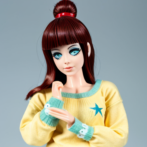 a red gachapon with a dark red rim. Her eyes are half-closed with dark red eyelids and two eyelashes on each of the lower lids. The upper half of her head is a translucent, pale blue lid that can open up. She wears a cyan sweater with a darker neckline and a yellow star on the chest. The sleeves are long and oversized, covering her hands entirely. She has dark red legs and red feet