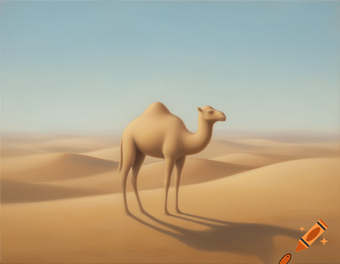 Minimalist, retro oil, painting, simple colors, a painting of a camel in the desert that is sort of a surrealism impression of a camel as its body blends into the hills of the desert, lots of shadows, light blue sky background