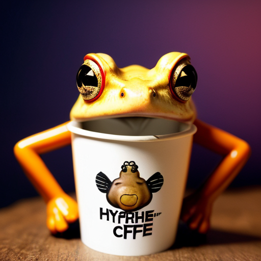 A hillarious, funny boho toad with some hippie colored coffee cups. Psychedelic decorated background, hyperrealistic. Close-up view.