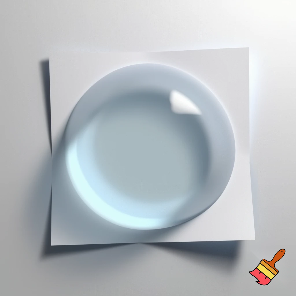 Imagine a flexible, gel-like bowl placed on top of a square piece of paper. The bowl’s material stretches and conforms perfectly to the square edges and corners of the paper, creating a smooth, dome-like shape. The bowl’s surface molds seamlessly to the square outline, resulting in a perfectly fitted, stretched, and dome-like appearance.