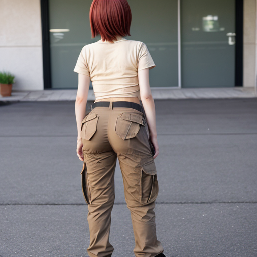 a anime girl with beige cargo pants on turned around

