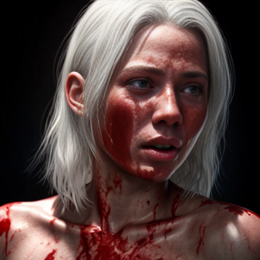 Young white-haired woman in a bloodbath
