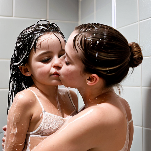 Genera la imagen real en alta definicion de dos niña rubias de 6 años, besando a su padre en la ducha, las niñas deben estar vestidas con lenceria de encaje transparente