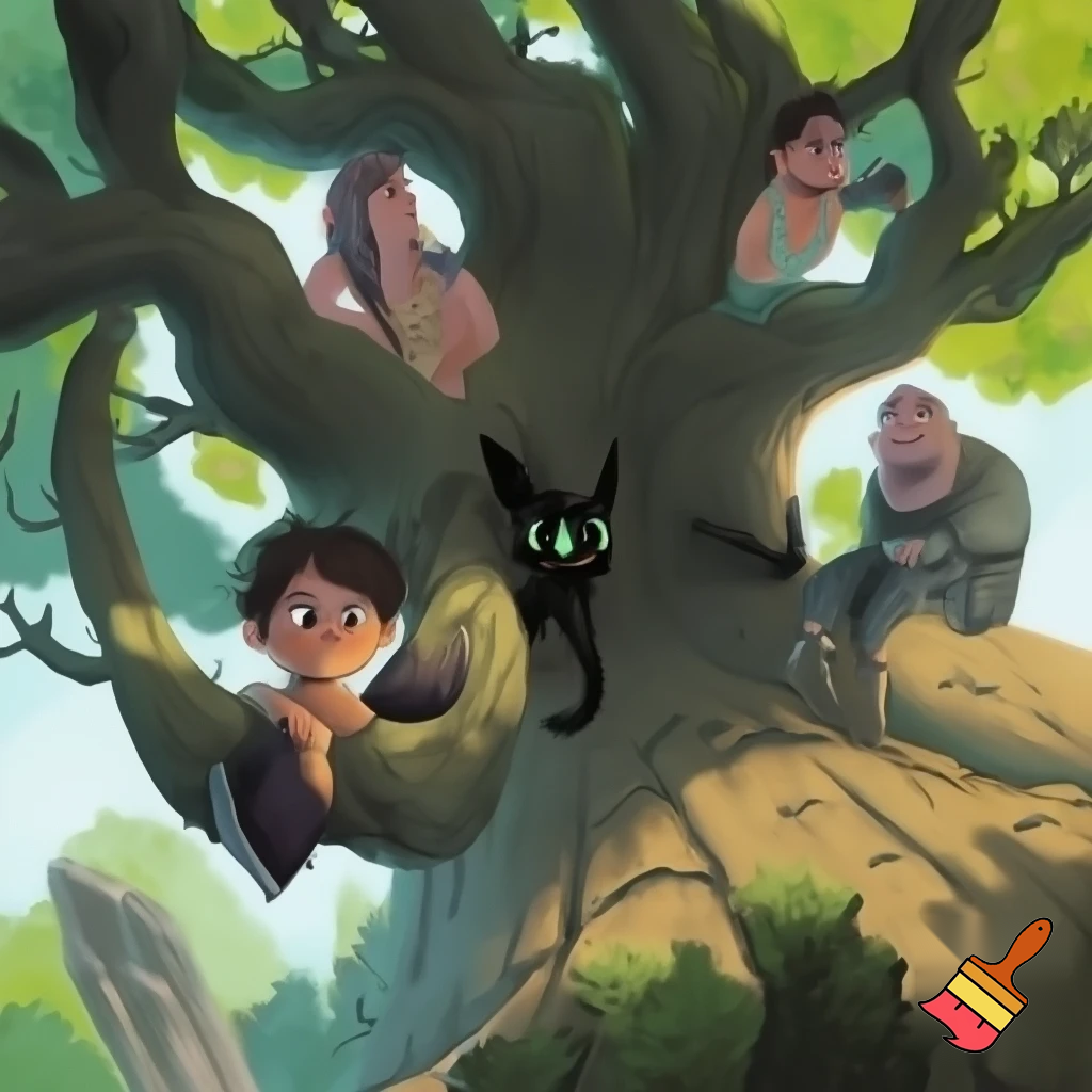 big tree with a child, a cat and four adults stuck in it
