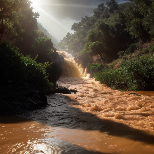 
"A dramatic cinematic shot of a powerful flash flood rushing through a Moroccan valley (Oued) with traditional red clay surroundings. In the foreground, a large, crystal-clear water drop is suspended in the air. Inside the drop, a reflection of a lush green forest is visible. The lighting is moody with golden hour sun rays. The style is hyper-realistic, 8k resolution, with a contrast between the muddy flood water and the pure blue drop."
