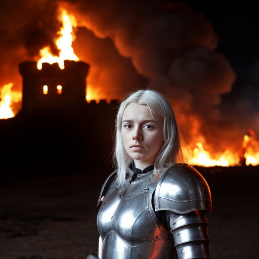 young white-haired woman in armor stands in front of a burning castle into which meteor are falling