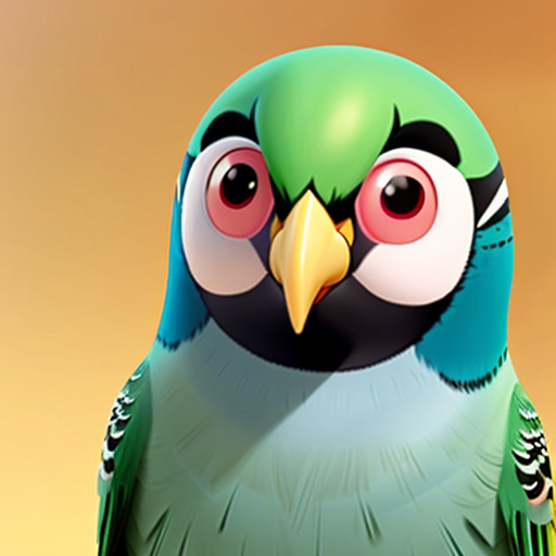 murray the budgie green with a yellow head, an a big toothy grin
