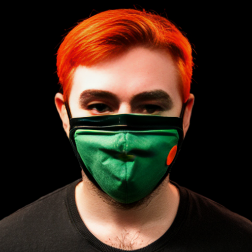 black background half of a broken green-orange comedy mask, green and orange ribbons behind that mask and a number 3 beside it