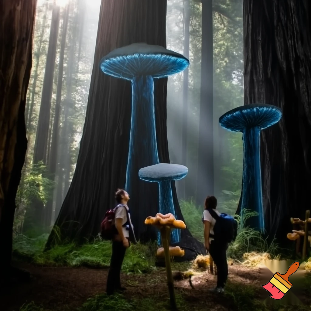 scouts in redwood forest with titanic mushrooms