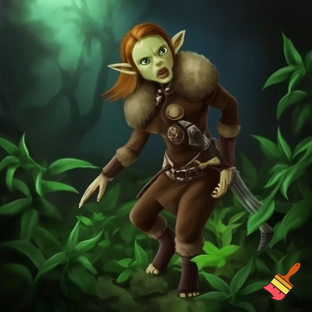 ambientazione fantasy, una ranger goblin femmina si aggira cauta tra le piante di un bosco misterioso