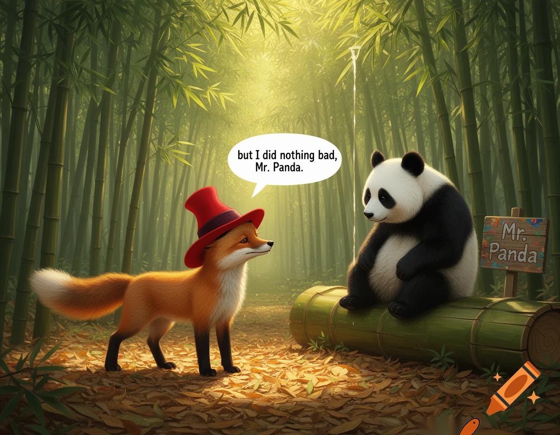 but i did nothing bad mr panda said the fox with the red hat to the panda  tesher