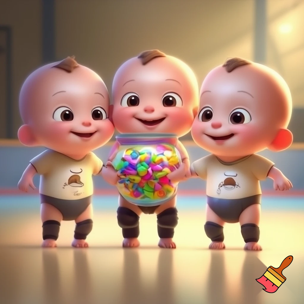 ### 🧸 **Cartoon / Nursery Rhyme Style Prompt**

A cute cartoon illustration of three baby triplets standing together on a shiny indoor floor. Each baby wears a beige puppy-print shirt, diaper, and black knee pads. The baby in the middle holds a colorful candy jar full of rainbow candies, smiling sweetly. The babies have round faces, big expressive eyes, and soft pastel coloring. The background shows a cozy playroom or skating rink with bright lights and soft shading.
**Style:** nursery rhyme illustration, soft pastel colors, hand-drawn look, warm lighting, cheerful and playful mood.

---

