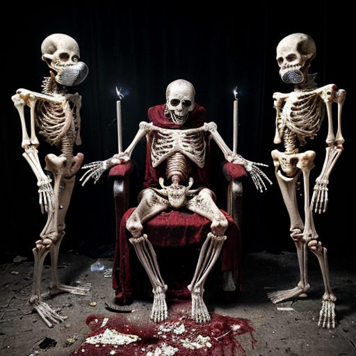 a grotesquely surreal tableau—an abandoned slaughterhouse repurposed into a deranged satanic banquet hall, where the concrete floor is slick with blood and strewn with rotting trash, discarded meat hooks dangling from rusted chains overhead. A skeletal priest in tattered vestments presides over a macabre feast, his hollow eyes glowing red as he raises a goblet filled with thick, black ichor, while around him, mutated revelers in tuxedos and gore-smeared evening gowns tear into human limbs arranged on silver platters like fine cuisine. Hazmat-suited figures loom in the shadows, their gas masks reflecting the flickering candlelight from upside-down crucifixes, their gloved hands clutching syringes dripping an unknown fluid. The walls pulse with fleshy, veined growths, and in the far corner, a still-twitching pile of flayed bodies writhes in unholy communion, their mouths sewn shut with barbed wire—a masterpiece of visceral body horror where decay and decadence collide.
