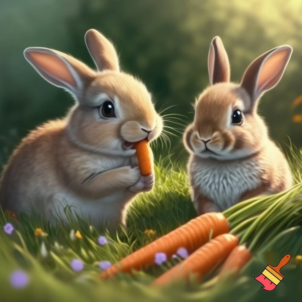 two rabits eating carots