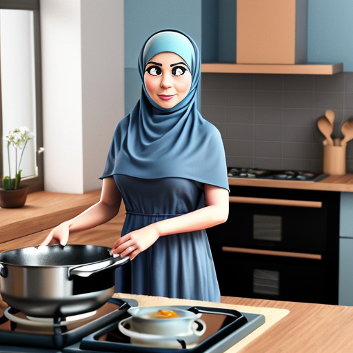 Pixar-style 3D cartoon character, standing at the stove, cooking gesture, exaggerated cartoon features, big expressive eyes, Muslim woman 35-40 years old, fully covered in wide light blue dress, headscarf covering all hair, modest appearance, gray background, consistent character, simple cartoon style, cinematic lighting