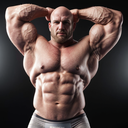 Incredibly Muscular wrestler with huge pecs wearing grey briefs. He is white. He is bald but has a hairy chest and doing a double bicep pose.