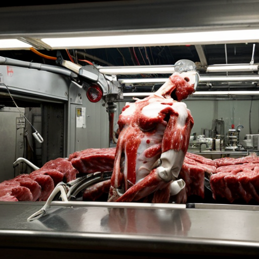 a sprawling, steam-choked industrial meat factory where conveyor belts groan under the weight of pale, segmented human limbs—neatly trimmed thighs, torsos split down the sternum, fingers still twitching as hydraulic claws pluck them into alignment. Gleaming robotic arms, their joints slick with blood-misted grease, methodically disassemble dangling carcasses under the sterile glare of flickering neon lights, their blades humming through flesh with clinical precision. A central vat bubbles with churned viscera, pink froth spilling over as a faceless drone scoops a slurry of ground bone and meat into sterile packaging stamped "GRADE A." In the foreground, a half-skinned face stares blankly from a hook, its jaw slack beside a dangling barcode tag that reads "HARVEST DATE: TODAY." The air shudders with the wet thud of cleavers and the static-laced drone of a synthesized voice repeating, "YIELD OPTIMAL. PROCEED TO PROCESSING