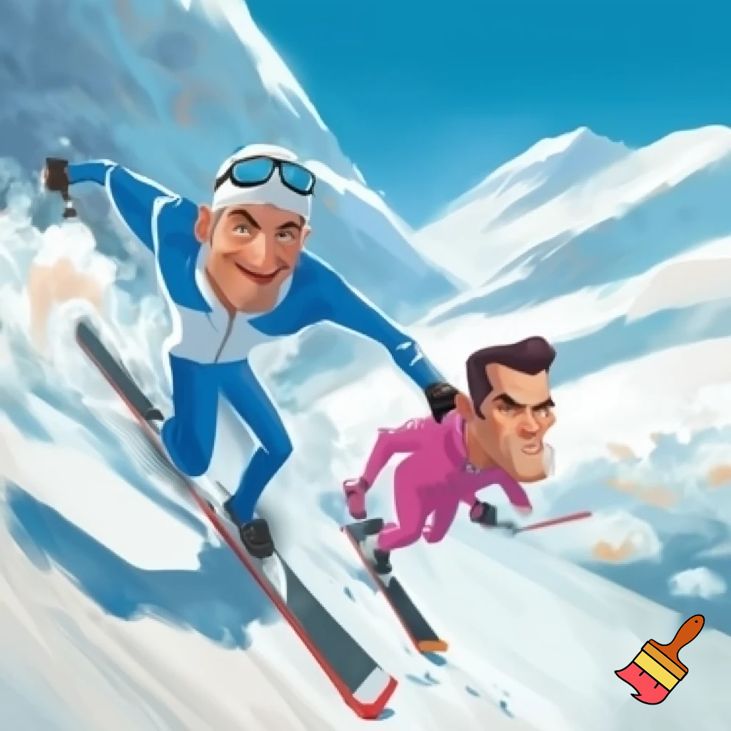 create me an image of sportacus and robbie rotten skiing