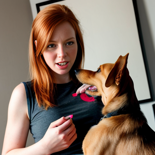 A naked ginger woman giving a male dogs dick 