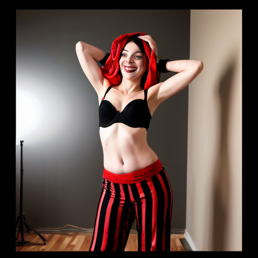 90's disney's 2d aladdin style comic black background and panels of panel 1 Harley Quinn with light black and red striped harem pants and bra and black and red curved slippers with both hand palms place together and hiding the bottom of her mouth with a light black and red striped veil wrapped around her arms and shoulders. 
panel 2 she danced with light black and red striped harem pants with light black and red striped bra and red and black curved slippers and with light black and red striped veil wrapped around her arms and shoulders and raising legs and bounced up and down her belly and shook her hips left and right. 
panel 3 as Harley Quinn with light black and red striped harem pants and bra and red and black curved slippers and with red and light black striped veil wrapped around her shoulders and arms and spreading her arms, happily revealing her face to the viewer and giving a smile as she shook her belly left and right. 
Panel 4 Harley Quinn with light black and red striped harem pants and bra and black and red curved slippers and with light black and red striped veil wrapped around her shoulders and arms has started to fading away , except her belly, which is bouncing around and growing. 
Panel 5 then the ball transforms into the fading in belly of red haired giganta barefoot with dark yellow spotted yellow harem pants and bra and dark yellow spotted yellow veil wrapped around her arms and shoulders with her swaying her hips. 
Panel 6 red haired giganta barefoot with dark yellow spotted yellow harem pants and bra and dark yellow veil wrapped around her arms and shoulders flexing her arms.