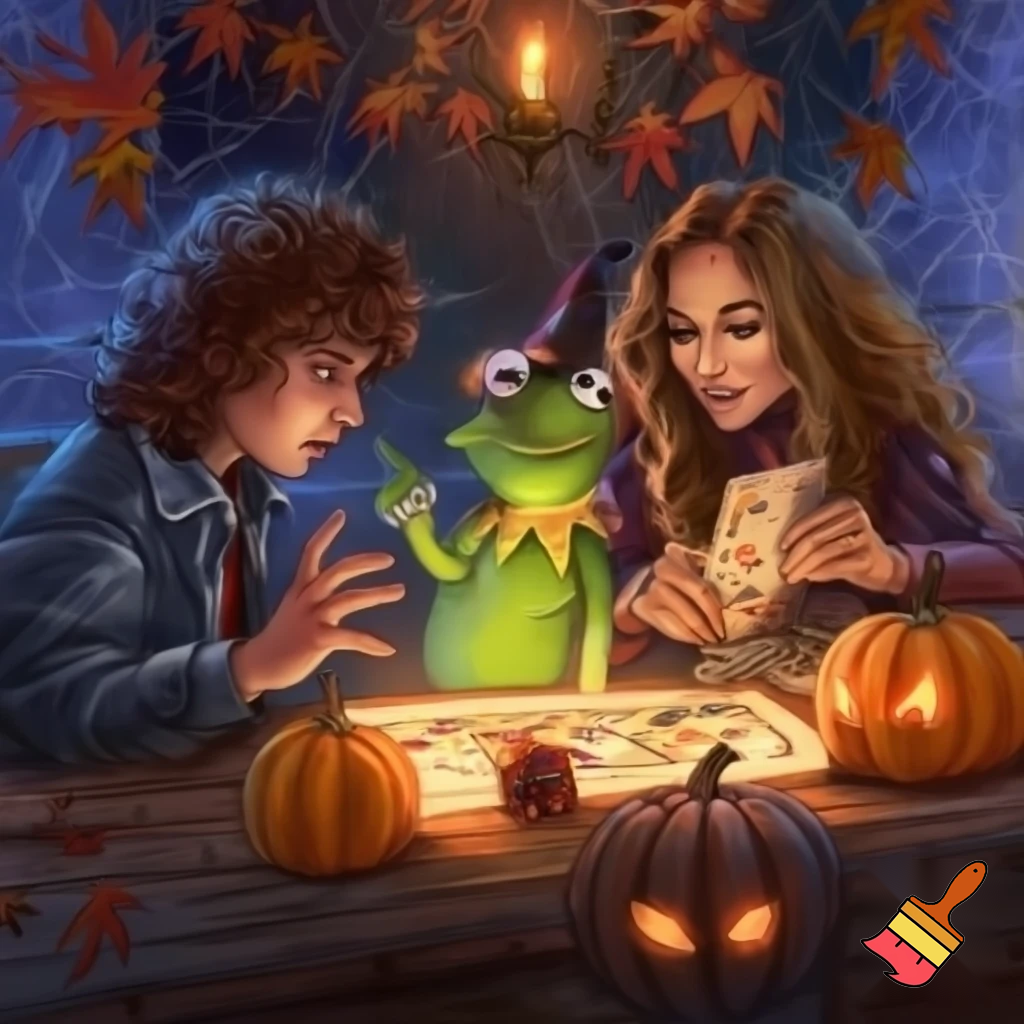 Dustin and Eddie munson with Kermit the frog and jlo are playing dungoens and dragons on halloween


