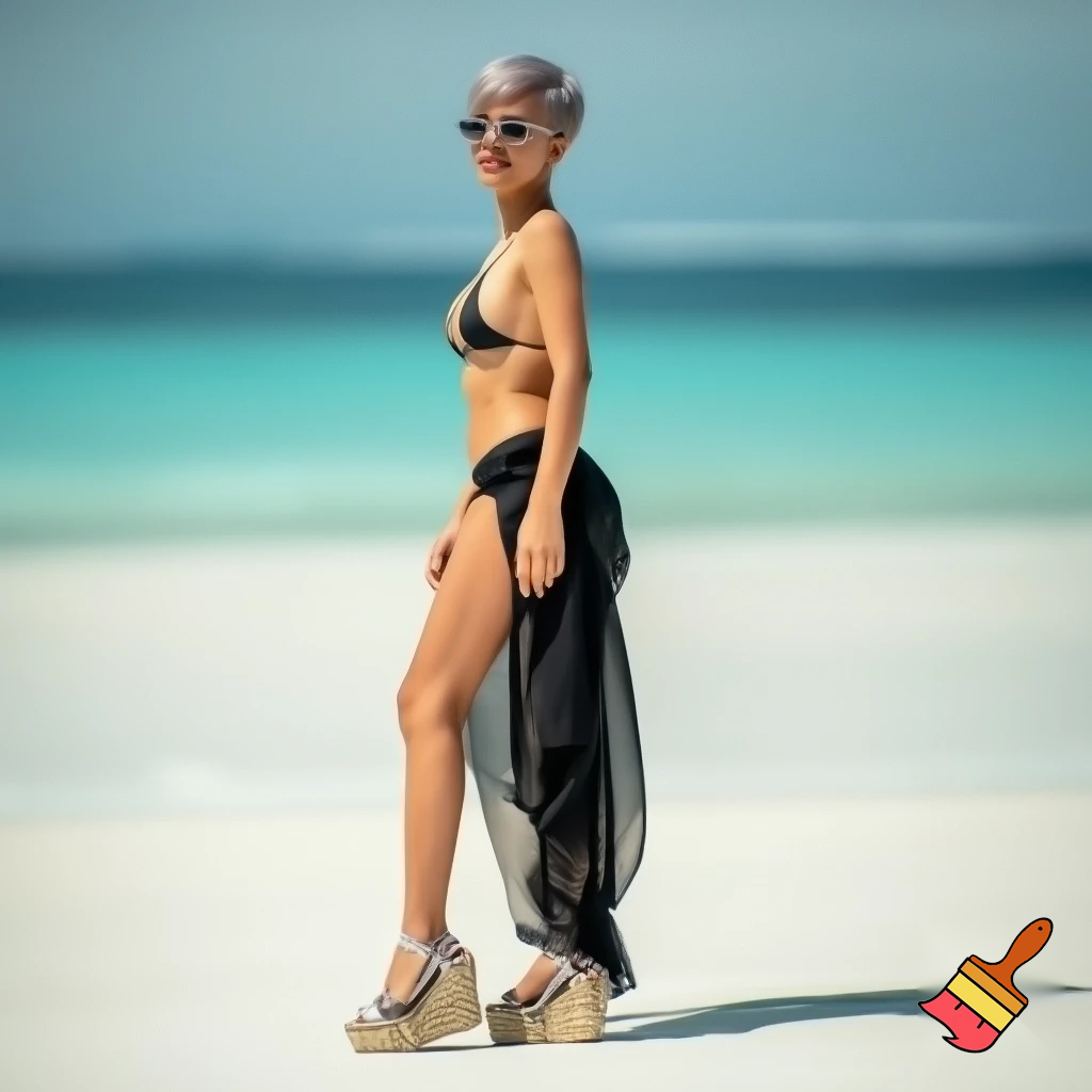 Attractive woman with an ash blonde pixie cut wearing rimless sunglasses, a bikini, a sarong and espadrille wedges 