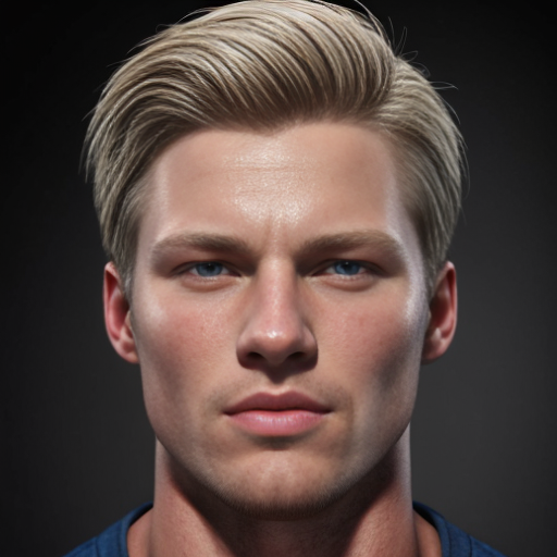 create an imatge of a guy that is strong, blue eyes, blond and no beard