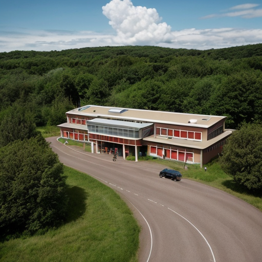 Aerial view of Asland Human peoples and children with sci-fi futuristic clothing at the Asland village with flag of Asland with white field and red-linned black saltire, beige sci-fi futuristic houses with red brick sci-fi futuristic roofs, grey sci-fi futuristic houses with red brick sci-fi futuristic roofs, beige sci-fi futuristic Catholic church with red brick sci-fi futuristic roof, road, gardens, corn fields, meadows taiga forest, hills and cloudy sky in May 2621.