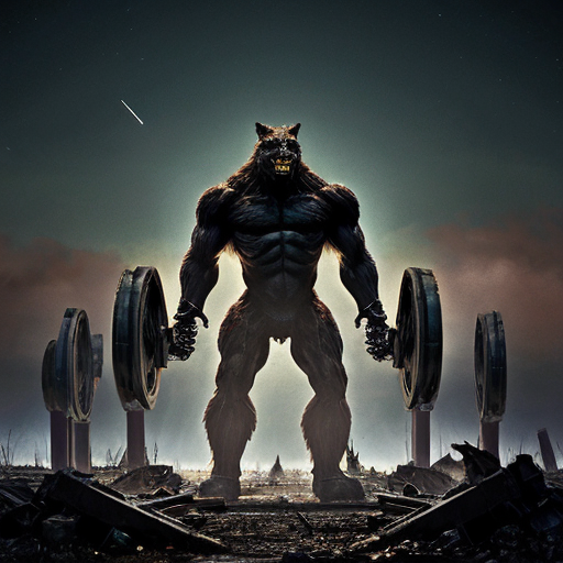 The air on the forsaken battlefield hangs thick with the metallic tang of blood and the acrid smoke of spent munitions. Under a bruised, moonless sky, a monstrous werewolf stands as the epicenter of the carnage. Its form is a terrifying fusion of man and beast, with powerful, digitigrade legs planted firmly on the churned earth. Its fur is a matted, dark brindle, and its eyes glow with a feral, intelligent light. Emblazoned on the broad, muscular expanse of its chest is the stark, white emblem of the "WOLF TAFF" logo.

In the shattered landscape behind this alpha figure, the skeletal remains of civilization and war lie twisted. The skeletal silhouettes of Howitzers point uselessly at the sky, their long barrels silent. The hulking, burnt-out chassis of tanks list like beached whales, their armor peeled back like fruit skins from internal explosions. The jagged ruins of buildings claw at the horizon, their empty windows like hollow eye sockets in the skulls of giants.

Scattered amongst this desolation, a pack of bipedal wolves stands vigilant. They are of varying sizes, from lean and wiry to broad and brutish, all standing on two feet with an unsettling, human-like posture. Some raise binoculars to their lupine faces, scanning the dark horizon with predatory focus. Others cradle M16 rifles in their clawed hands, the weapons looking both alien and perfectly natural in their grasp. They are a silent, disciplined unit, the terrifying infantry of a supernatural war.