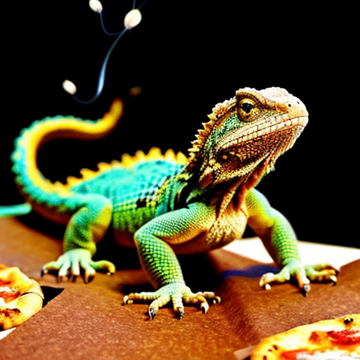 A bearded dragon, eyes fully white with thunder coming out of them, levitating menacingly with pizza in the back round levitating as the lizard flies.
