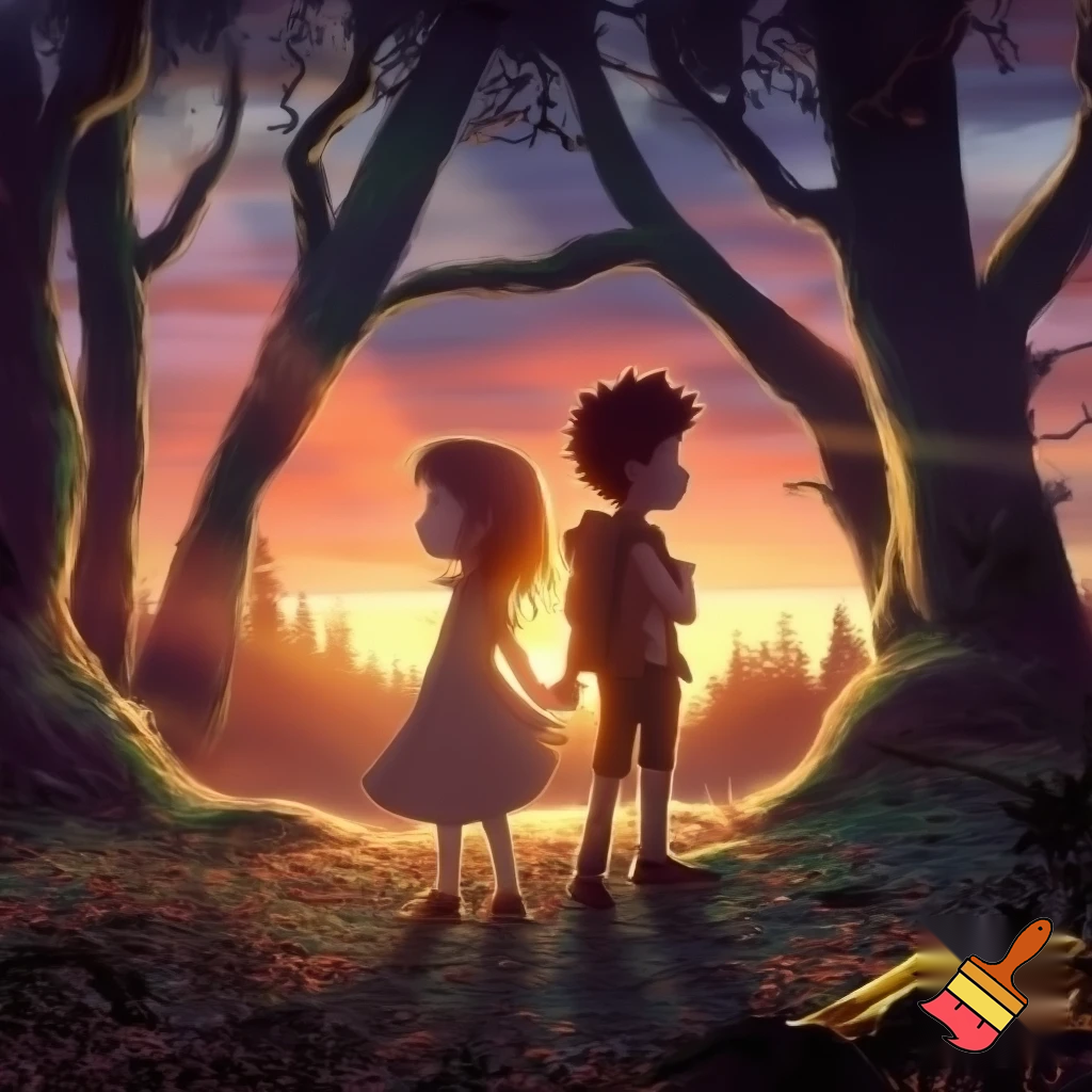 Two kids one girl one boy back to back in a forest sunset