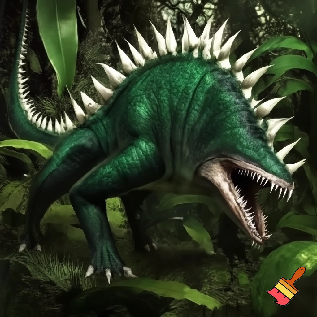 a animal that has green skin and has no eyes
and has a tail with spike on the tail and body and looks like a fly trap and 
lives in the rainforest has a big mouth and has shark teeth and has legs
and with no eyes and walks on all four legs the spikes are white with no eye






