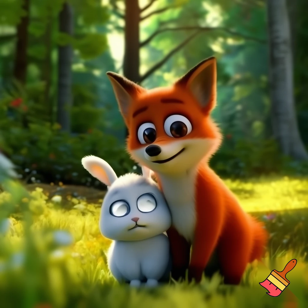 "Cartoon style illustration of the same small rabbit looking surprised but curious, while a friendly red fox stands nearby with a kind smile, offering comfort. Bright, colorful forest background with trees, flowers, and sunlight. Emotional and heartwarming, both characters are same as in other scenes, rabbit still teary-eyed but hopeful."