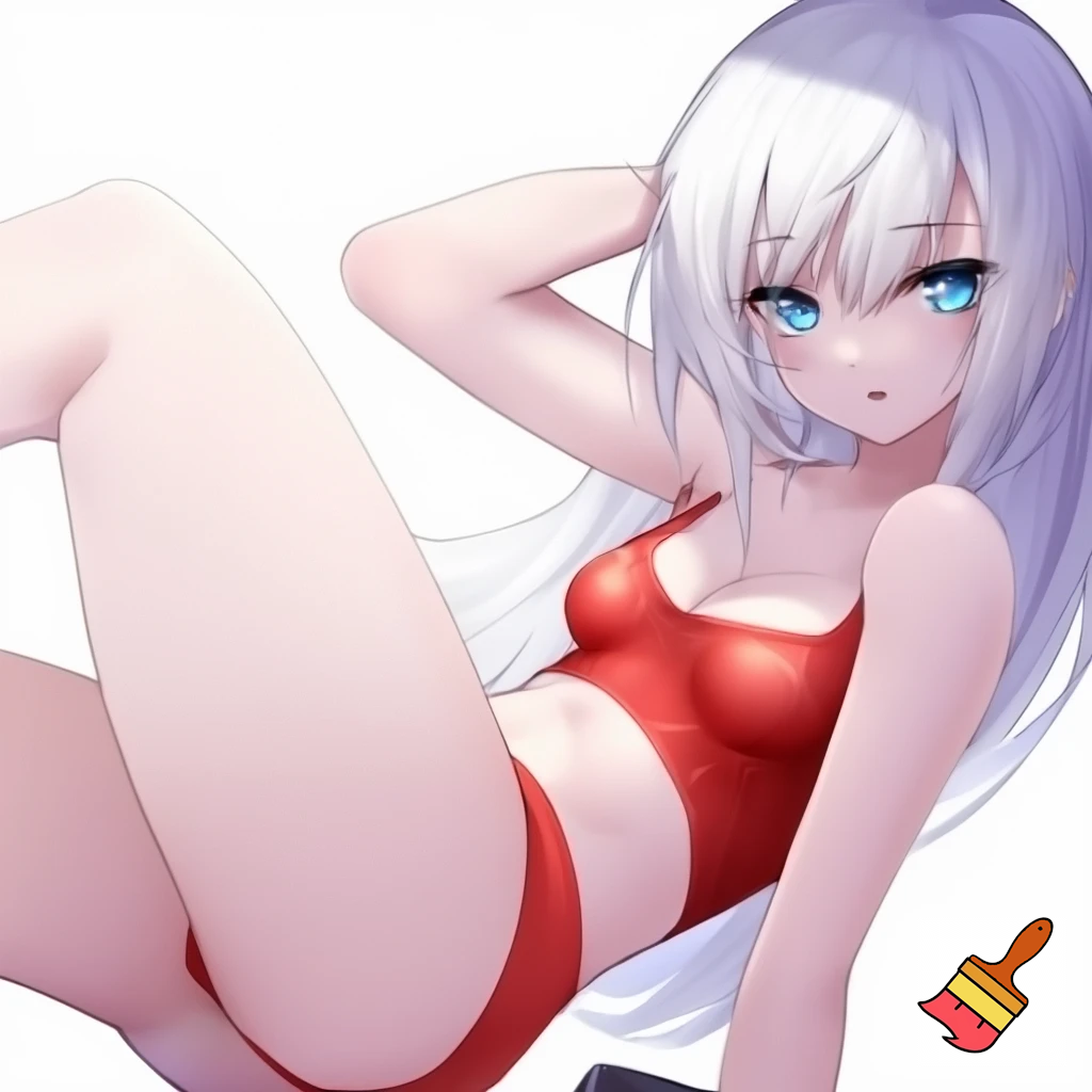 Anime girl 20 years old so cool and cute with red underwear clothes and tall white hair and sky blue eyes and her body is so white and shiny and do cool poses in white screen make it so anime please make it so cool and so cute