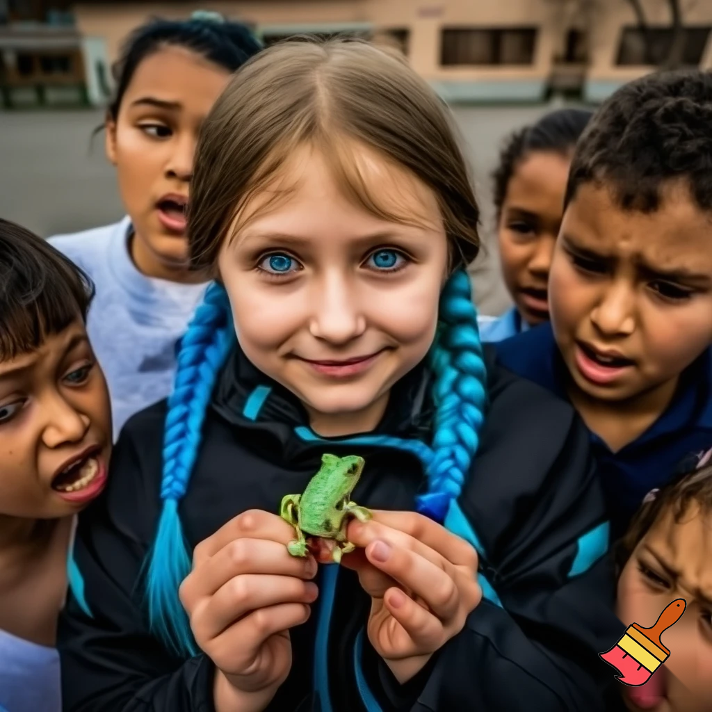 girl with blue braid and has a black jacket with blue eyes
with smile holding a frog all the people was scared of a frog the girl got bulliyed with boys and girls