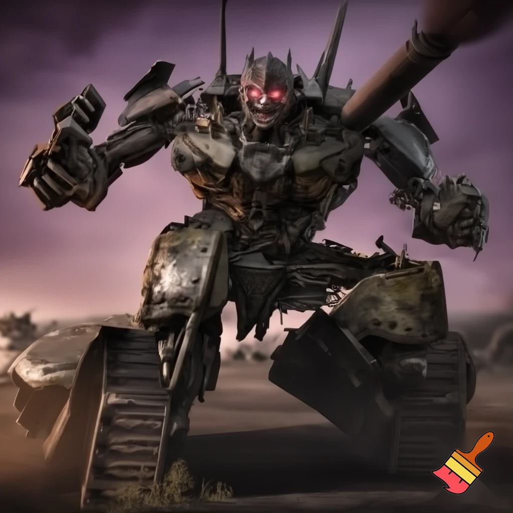A Decepticon, made from a mix of a F-22 raptor and a mobile artillery tank with an angry face and humanoid form