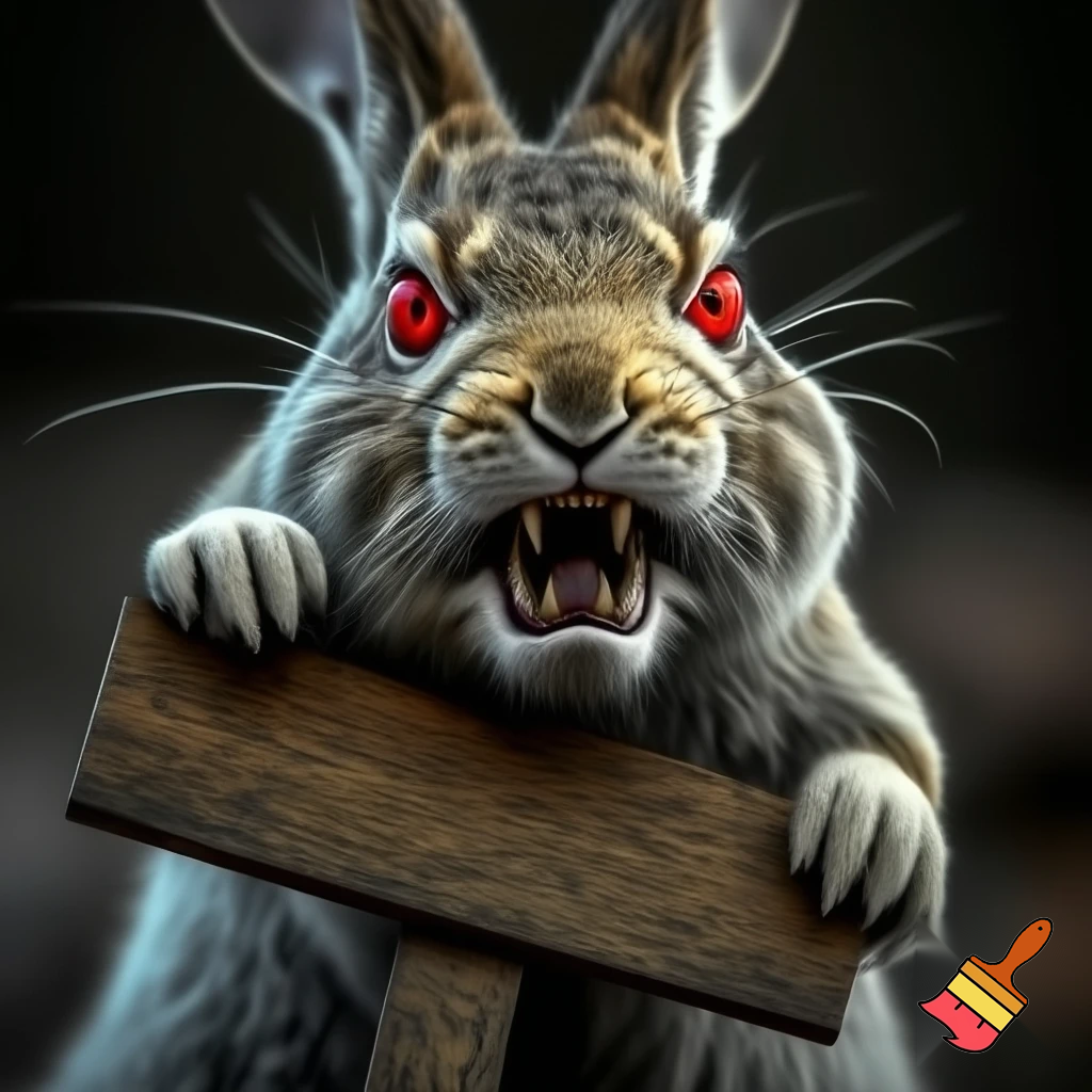 European rabbit red glaring eyes sharp teeth and fur holding a sign angry face firce