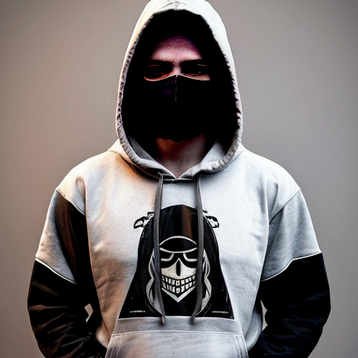 generate me a tall guy with a serious expression. The guy has white messy hair a gray hoodi e a black mask covering his mouth and inside the hoodie has a black shirt with long neck. He has the Hood lifted up and the h ands in the hoodi e' s pockets. The g uy i s 17
