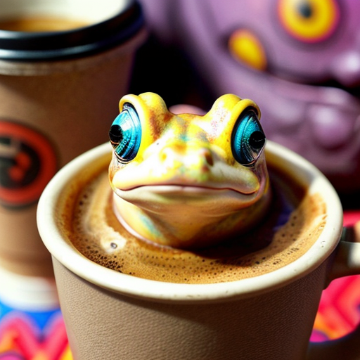 A hillarious, funny boho toad with some hippie colored coffee cups. Psychedelic decorated background, hyperrealistic. Close-up view.