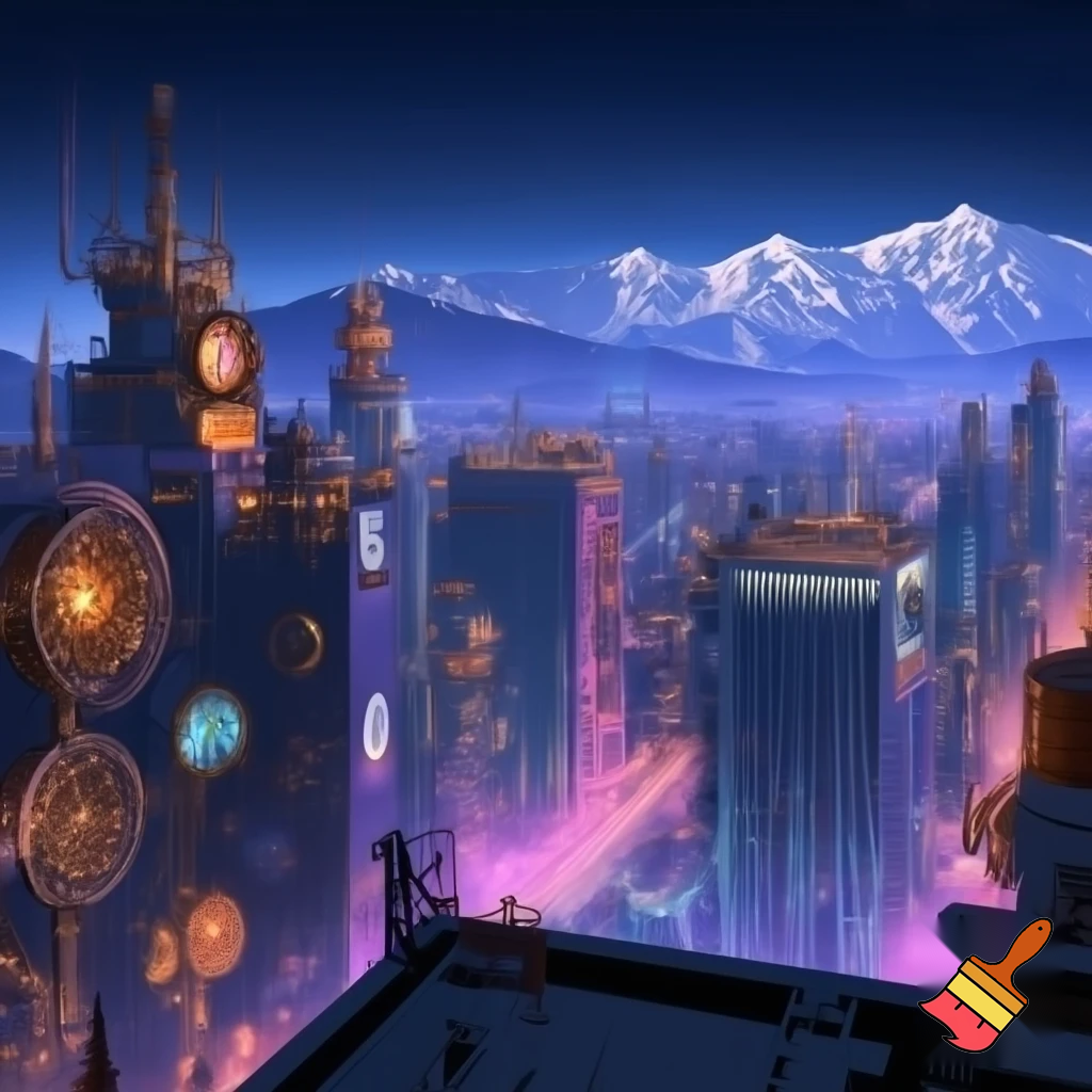 create a landscape background 



Style: anime teaser, a mix of cyberpunk, steampunk and ethno motifs (PUNKVERSE)



Palette: deep cool neon blues/purples + warm brass-copper range for steampunk elements + white-snow accents in the background.



Description: Almaty at night, view from the roof (transition from Scene 7), but now without characters. An empty landscape.



Action: Focus on the city.



Visual: A scene on the roof / generalized observation deck of the city.