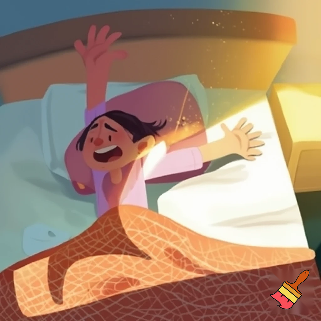 “Person sitting in bed, stretching arms and yawning, blanket on bed, morning sunlight, bedroom, simple cartoon style, bright colors”
