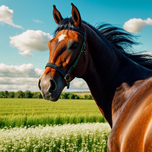 Horse with pink flowers in braid of horses hair in a green field with blue sky and cloud


