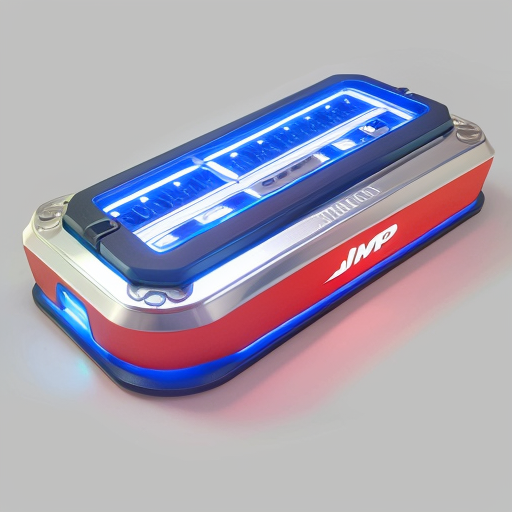 GL918 jump starter and air compressor, streamlined wedge profile (lower front, higher back). Two parallel horizontal ice-blue LED strips on front. Upper strip: above are dual LCD screens side by side. Lower strip: below are five flush touch buttons. Type-C cable in bottom curved recess. Matte dark grey with polished edge chamfers. No handle. Studio shot, dark background, two blue horizontal lines, 8K, --ar 16:9 --v 6.1